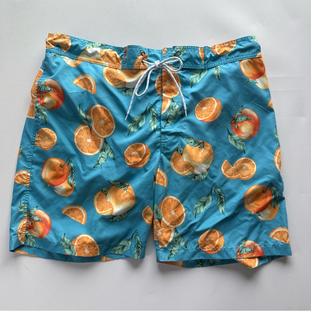 Men's St. John's Bay 9" Blue Swim Trunks with Orange Fruit Print Size XXL